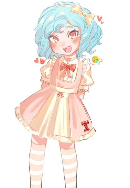 Size: 1200x1730 | Tagged: safe, artist:p0kan2, derpibooru import, cozy glow, demon, human, :d, arm behind head, blushing, chipped tooth, choker, clothes, cowboy shot, crying, dress, emoji, freckles, frilly dress, hair ribbon, heart, humanized, image, jpeg, looking at you, open mouth, open smile, question mark, ribbon, shirt, short sleeves, simple background, smiling, socks, solo, striped socks, thigh highs, white background, 😭