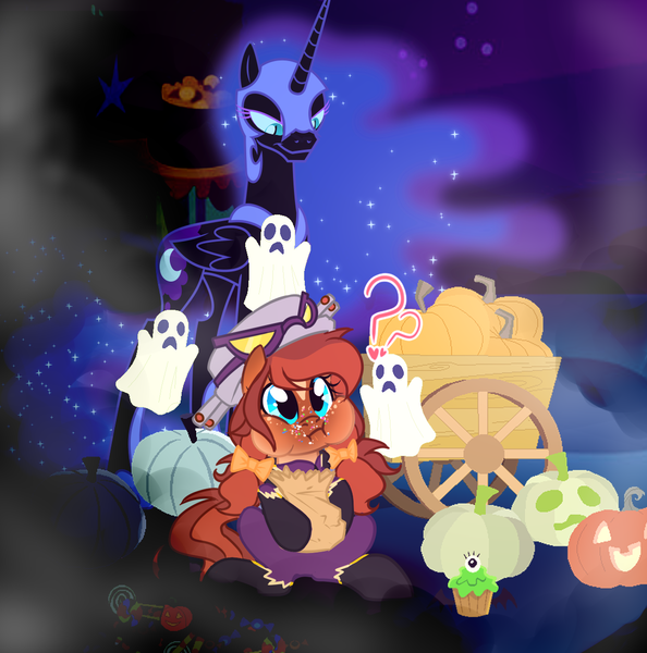 Size: 1208x1220 | Tagged: safe, derpibooru import, nightmare moon, oc, unofficial characters only, earth pony, ghost, undead, g4, candy, clothes, confused, costume, dark, eating, fanart, food, full mouth, gift art, halloween, halloween costume, holiday, image, mascot, nightmare night, png, pumpkin, shadowbolts