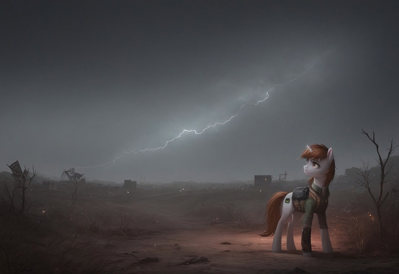 Size: 3072x2112 | Tagged: safe, ai content, derpibooru import, machine learning generated, prompter:thehyperinsectoid, oc, oc:littlepip, unofficial characters only, pony, unicorn, fallout equestria, cloud, cutie mark, dark clouds, horn, image, jpeg, lightning, ruins, solo, wasteland