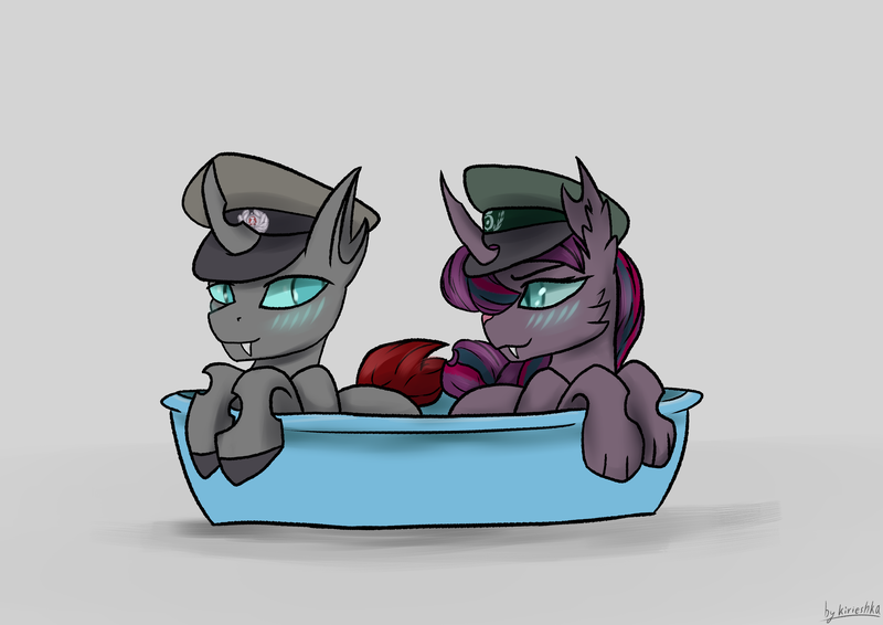 Size: 3508x2480 | Tagged: safe, artist:kirieshka, derpibooru import, oc, oc:mader, unofficial characters only, changeling, hybrid, equestria at war mod, basin, blue eyes, cap, clothes, confused, duo, embarrassment, hat, hybrid oc, image, pelvis, png, uniform