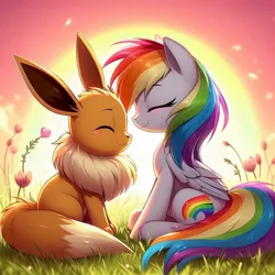 Size: 1024x1024 | Tagged: safe, ai content, derpibooru import, machine learning generated, rainbow dash, eevee, blush lines, blushing, brown fur, bushy tail, cute, female, flower, fluffy mane, grass, grass field, happy, image, jpeg, looking at each other, looking at someone, male, neck fluff, pink sky, pokémon, short hair, smiling, smiling at each other, sunset, tail, wings