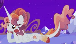 Size: 1280x741 | Tagged: safe, artist:monochrome-sunsets, derpibooru import, princess celestia, pony, alternate design, image, lying down, night, png, prone, solo