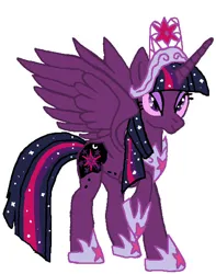 Size: 452x573 | Tagged: safe, artist:qjosh, derpibooru import, twilight sparkle, twilight sparkle (alicorn), alicorn, pony, g4, big crown thingy, clothes, corrupted element of harmony, corrupted element of magic, darkened coat, element of harmony, element of magic, eyeshadow, female, horn, image, jewelry, jpeg, makeup, mare, nightmare twilight, nightmarified, peytral, regalia, shoes, simple background, solo, spread wings, starry hair, tiara, transformation, transformation sequence, white background, wings