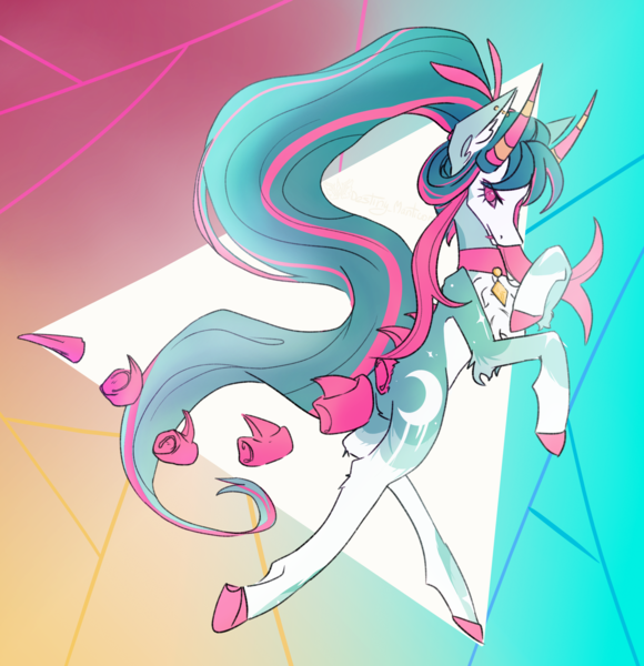 Size: 1983x2050 | Tagged: safe, artist:destiny_manticor, derpibooru import, oc, oc:crimson watermelon, unofficial characters only, ghoul, original species, pony, undead, abstract background, bone tail, chest fluff, collar, ear fluff, ear piercing, earring, fangs, female, goat horns, gradient background, hooves to the chest, horns, image, jewelry, long mane, looking at you, mare, piercing, png, raised hoof, raised hooves, solo, spikes, thin, triangle, two toned mane, unshorn fetlocks