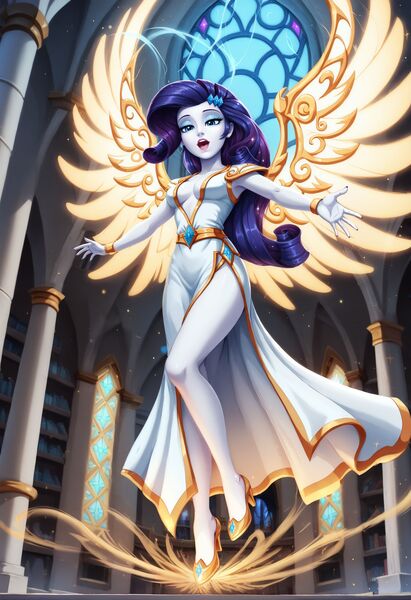 Size: 1664x2432 | Tagged: safe, ai content, derpibooru import, machine learning generated, stable diffusion, rarity, equestria girls, g4, absolute cleavage, breasts, cathedral, cleavage, clothes, ethereal wings, fantasy, female, floating, generator:pony diffusion v6 xl, high heels, image, indoors, jpeg, looking at you, looking down, looking down at you, low angle, magic, magic aura, open mouth, priestess, prompter:siber, reaching, shoes, side slit, solo, spread wings, wings