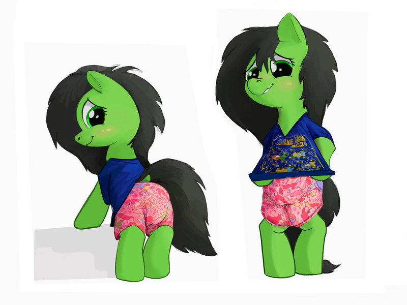 Size: 2732x2048 | Tagged: questionable, artist:asdfasfasda, derpibooru import, oc, oc:anonfilly, pony, bipedal, bipedal leaning, blushing, brony, clothes, diaper, diaper under clothes, embarrassed, female, filly, foal, image, jpeg, leaning, merchandise, solo, wavy mouth