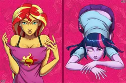 Size: 3374x2222 | Tagged: safe, alternate version, artist:a0iisa, derpibooru import, sunset shimmer, twilight sparkle, human, equestria girls, g4, bra, bra strap, breasts, catherine (game), cleavage, clothes, image, jpeg, looking at you, one eye closed, parody, skirt, underwear, undressing