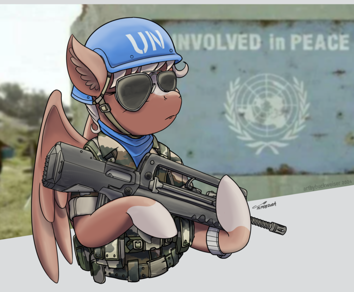 Size: 3382x2791 | Tagged: safe, artist:buckweiser, derpibooru import, oc, oc:penny banks, ponified, pegasus, pony, blonde, blue helmet, blue scarf, bust, clothes, commission, famas, french, guarding, history, image, meme, png, south africa, sunglasses, uniform, united nations, watch, weapon, wristwatch