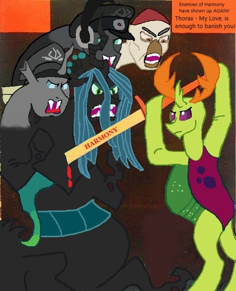 Size: 635x780 | Tagged: safe, artist:fearlescriss, derpibooru import, edit, queen chrysalis, thorax, oc, oc:trimmel, changedling, changeling, changeling queen, gryphon, equestria at war mod, g4, antlers, blood, female, image, jpeg, king thorax, parody, propaganda, propaganda parody, propaganda poster, screaming, simple background, standing on two hooves, sword, text, weapon