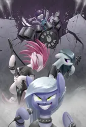 Size: 1181x1748 | Tagged: safe, artist:underpable, derpibooru import, limestone pie, marble pie, maud pie, pinkie pie, earth pony, pony, g4, badass, band, bass guitar, bracelet, choker, clothes, drums, ear piercing, earring, electric guitar, epic, eyebrow piercing, female, flying v, fuck yeah, grin, guitar, hardcore, headbang, heavy metal, helmet, image, jewelry, mare, metal, metal as fuck, microphone, middle finger, musical instrument, necklace, pickelhaube, pie sisters, piercing, pinkamena diane pie, playing instrument, png, punk, punkamena, punkie pie, rock (music), rock farm, shirt, siblings, sisters, smiling, spiked choker, spiked wristband, t-shirt, tattoo, vulgar, wristband