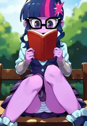 Size: 704x1024 | Tagged: prompter needed, source needed, suggestive, ai content, derpibooru import, machine learning generated, sci-twi, twilight sparkle, equestria girls, g4, bench, book, clothes, crystal prep academy uniform, glasses, image, jpeg, legs, panties, panty shot, park, park bench, reading, school uniform, sitting, skirt, spread legs, spreading, striped underwear, thighs, unaware, underwear, upskirt