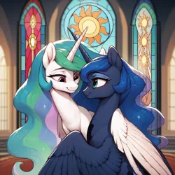 Size: 1024x1024 | Tagged: safe, ai content, anonymous prompter, derpibooru import, machine learning generated, princess celestia, princess luna, alicorn, pony, g4, duo, female, hug, image, looking at each other, looking at someone, mare, png, siblings, sisters, smiling, smiling at each other, stained glass, winghug, wings