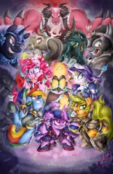 Size: 1970x3045 | Tagged: safe, artist:aquaticsun, derpibooru import, applejack, discord, fluttershy, king sombra, lord tirek, nightmare moon, pinkie pie, queen chrysalis, rainbow dash, rarity, twilight sparkle, twilight sparkle (alicorn), alicorn, centaur, changeling, changeling queen, draconequus, earth pony, pegasus, pony, taur, unicorn, g4, antagonist, armor, clothes, female, horn, image, jpeg, mane six, mare