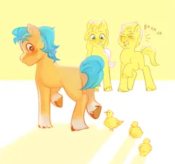 Size: 1669x1564 | Tagged: safe, artist:aztrial, derpibooru import, hitch trailblazer, sprout cloverleaf, sunny starscout, bird, duck, earth pony, pony, g5, blushing, critter, critter magnet, duckling, female, image, male, mare, markings, png, stallion, unitober 2024, unshorn fetlocks