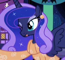 Size: 1313x1220 | Tagged: safe, artist:cstrawberrymilk, derpibooru import, princess luna, alicorn, pony, g4, clothes, eyeshadow, image, jpeg, makeup, one eye closed, solo, sweater, tongue out, wink