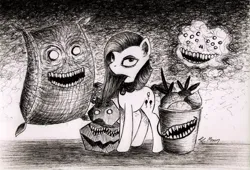 Size: 1760x1200 | Tagged: safe, artist:lailyren, derpibooru import, madame le flour, mr. turnip, pinkie pie, rocky, earth pony, pony, g4, black and white, bucket, creepy, creepy smile, female, grayscale, image, jpeg, looking at you, mare, monochrome, pinkamena diane pie, rock, sack, smiling, traditional art