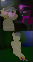 Size: 2200x4151 | Tagged: safe, artist:cardshark777, derpibooru import, daring do, oc, oc:card shark, changeling, pegasus, pony, g4, 2 panel comic, bandage, bondage, captive, changeling oc, clothes, comic, daringsub, digital art, dominant, fangs, feather, female, femsub, forest, glow, glowing horn, helpless, hill, hoof on chin, hoof tickling, horn, image, kidnapped, looking at each other, looking at someone, magic, male, maledom, mare, mare and stallion, mlp fim's fourteenth anniversary, moon, mummification, mummified, mummy, nature, night, pink changeling, png, scarf, sitting, smiling, standing, stars, submissive, telekinesis, tickle torture, tickling, tree, wrapped snugly, wrapped up, wrapping