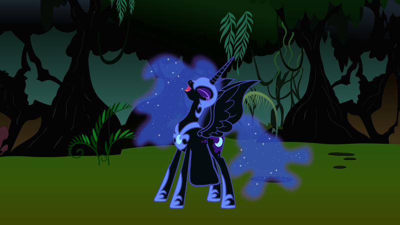 Size: 1920x1080 | Tagged: safe, artist:90sigma, derpibooru import, edit, vector edit, nightmare moon, princess luna, alicorn, pony, bloomprey, dialogue in the description, everfree forest, female, image, laughing, mare, nightmare luna, nightmare night, non-fatal, non-fatal vore, png, predmare moon, scootaprey, spread wings, sweetieprey, vector, vore, wings