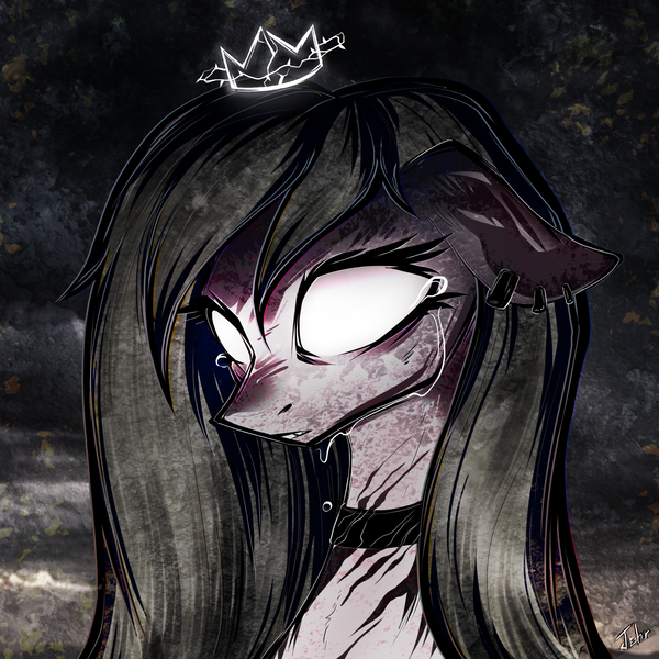 Size: 2000x2000 | Tagged: semi-grimdark, alternate version, artist:jehr, derpibooru import, oc, oc:marshmallow bombshell, unofficial characters only, pony, bad end, barbed wire, big eyes, blonde hair, blood, choker, collar, crack, crown, crying, cut, dead eyes, depressed, depressedia, depressing, depression, ear piercing, earring, eyelashes, feathered wings, female, floppy ears, fluffy hair, fluffy mane, glow, glowing eyes, gradient background, gradient mane, image, jewelry, lineart, long hair, piercing, png, regalia, solo, spikes, teeth, white eyes, white hair