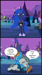 Size: 750x1307 | Tagged: safe, artist:ncolque, derpibooru import, marble pie, princess luna, oc, oc:sharp stars, alicorn, earth pony, pony, unicorn, g4, luna eclipsed, canon x oc, comic, horn, hug, image, mlp fim's fourteenth anniversary, nightmare night, png