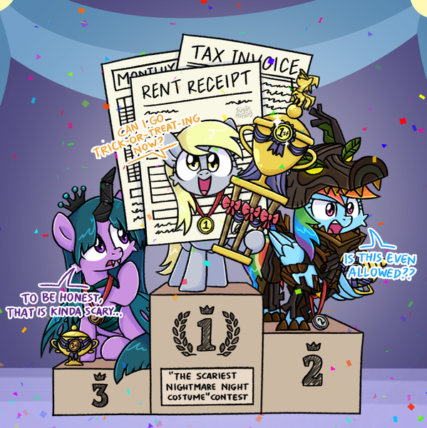 Size: 1174x1176 | Tagged: safe, artist:sugar morning, derpibooru import, derpy hooves, rainbow dash, twilight sparkle, twilight sparkle (alicorn), alicorn, pegasus, pony, g4, clothes, competition, confetti, contest, costume, dialogue, halloween, halloween costume, happy, holiday, image, jewelry, medallion, mlp fim's fourteenth anniversary, necklace, nightmare night, paper, png, podium, ribbon, smiling, text, trophy