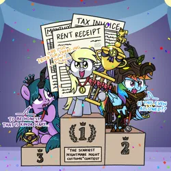 Size: 1174x1176 | Tagged: safe, artist:sugar morning, derpibooru import, derpy hooves, rainbow dash, twilight sparkle, twilight sparkle (alicorn), alicorn, pegasus, pony, g4, clothes, competition, confetti, contest, costume, dialogue, halloween, halloween costume, happy, holiday, image, jewelry, medallion, mlp fim's fourteenth anniversary, necklace, nightmare night, paper, png, podium, ribbon, smiling, text, trophy