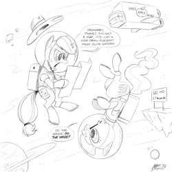 Size: 1800x1800 | Tagged: safe, artist:mellodillo, derpibooru import, applejack, pinkie pie, earth pony, pony, g4, commission, dialogue, duo, duo female, female, floating, grayscale, image, mare, menu, monochrome, png, space, spaceship, spacesuit, speech bubble, upside down