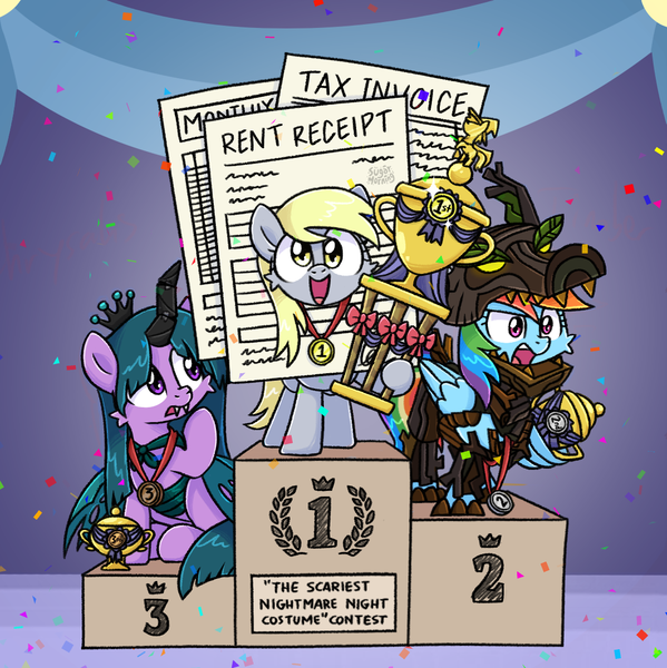 Size: 1174x1176 | Tagged: safe, alternate version, artist:sugar morning, derpibooru import, derpy hooves, rainbow dash, twilight sparkle, twilight sparkle (alicorn), alicorn, pegasus, pony, g4, clothes, competition, confetti, contest, costume, halloween, halloween costume, happy, holiday, image, jewelry, medallion, mlp fim's fourteenth anniversary, necklace, nightmare night, paper, png, podium, ribbon, smiling, trophy