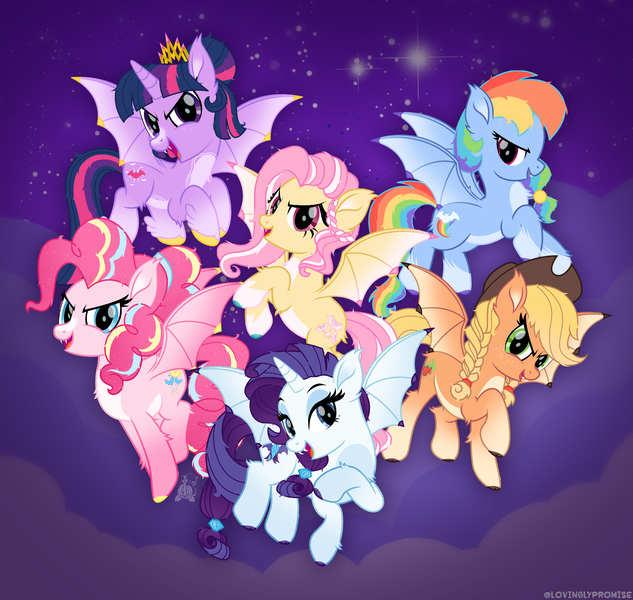 Size: 2420x2295 | Tagged: safe, artist:lovinglypromise, derpibooru import, applejack, fluttershy, pinkie pie, rainbow dash, rarity, twilight sparkle, twilight sparkle (alicorn), alicorn, bat pony, bat pony alicorn, earth pony, pegasus, pony, unicorn, g4, >:d, alternate cutie mark, alternate eye color, applebat, bat ponified, bat six, bat wings, beauty mark, braid, braided pigtails, butt fluff, chest fluff, claws, cloven hooves, coat markings, colored hooves, colored wings, dark belly, ear fluff, ear tufts, evil grin, facial markings, fangs, flutterbat, flying, gradient ears, gradient legs, gradient wings, grin, group, hair bun, halloween, halloween 2024, holiday, hooves, horn, image, leg fluff, looking at you, mane six, night, night sky, open mouth, open smile, pale belly, pigtails, pinkiebat, png, race swap, rainbowbat, raribat, sextet, sky, smiling, socks (coat marking), spooky, spread wings, stripe (coat marking), tail, tied mane, tied tail, twibat, twilight's crown, wing claws, wings