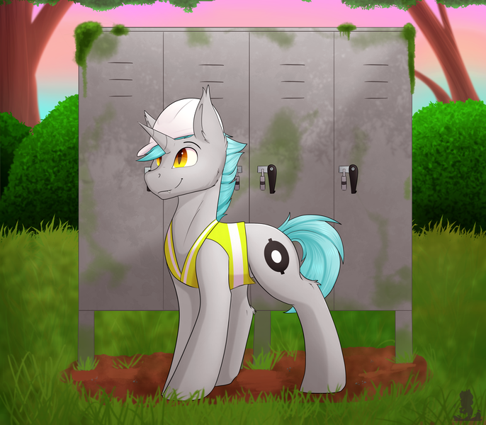 Size: 4000x3500 | Tagged: safe, artist:decemberbreeze, derpibooru import, oc, oc:lunar signal, unofficial characters only, bat pony, bat pony unicorn, hybrid, unicorn, bat pony oc, bat wings, clothes, gray coat, hard hat, hat, horn, image, png, railroad, railroad relay case, relay case, safety vest, standing, unicorn oc, wings, yellow eyes