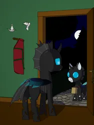 Size: 1440x1920 | Tagged: safe, artist:mannitenerisunt, derpibooru import, changeling, pony, bag, changeling costume, clothes, derpibooru exclusive, door, doorway, duo, fangs, halloween, holiday, horse blanket, image, insect wings, jacket, mlp fim's fourteenth anniversary, moon, nightmare night, origami, png, smiling, tree, trick or treat, wings