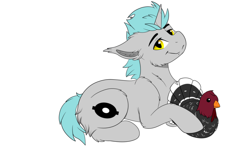 Size: 4000x2500 | Tagged: safe, artist:decemberbreeze, derpibooru import, oc, oc:lunar signal, bat pony, bat pony unicorn, bird, hybrid, turkey, unicorn, bat pony oc, bat wings, commission, cute, fangs, floppy ears, gray coat, horn, image, looking at you, lying down, plushie, png, prone, simple background, smiling, transparent background, turkey plush, unicorn oc, wings, ych result, yellow eyes