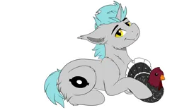 Size: 4000x2500 | Tagged: safe, artist:decemberbreeze, derpibooru import, oc, oc:lunar signal, bat pony, bat pony unicorn, bird, hybrid, turkey, unicorn, bat pony oc, bat wings, commission, cute, fangs, floppy ears, gray coat, horn, image, looking at you, lying down, plushie, png, prone, simple background, smiling, transparent background, turkey plush, unicorn oc, wings, ych result, yellow eyes