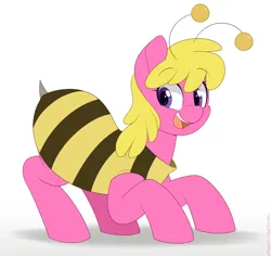 Size: 1950x1840 | Tagged: safe, artist:higgly-chan, derpibooru import, cherry berry, earth pony, pony, g4, animal costume, antennae, background pony, bee costume, cherrybetes, clothes, costume, crouching, eye clipping through hair, halloween, halloween costume, happy, holiday, image, looking at you, nightmare night, nightmare night costume, open mouth, open smile, png, simple background, smiling, solo, stinger, white background