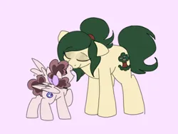 Size: 1200x900 | Tagged: safe, artist:puppie, derpibooru import, oc, oc:myrtle remedy, oc:raevyn, earth pony, pegasus, pony, boop, bow, cute, duo, duo female, excited, female, hair bow, happy, image, mare, noseboop, png, size difference, wholesome