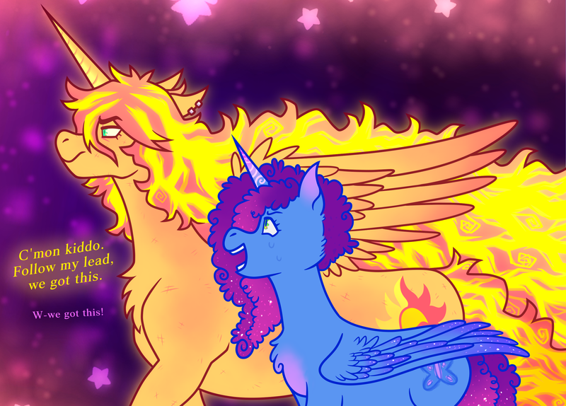 Size: 2503x1796 | Tagged: safe, artist:dapperlilarts, derpibooru import, sunset shimmer, alicorn, pony, g4, g5, alicornified, chest fluff, dialogue, duo, duo female, ear piercing, ethereal mane, female, generational ponidox, height difference, horn, image, mane on fire, mare, misty brightdawn, mistycorn, nervous sweat, older sunset shimmer, open mouth, open smile, piercing, png, princess celestia's special princess making dimension, race swap, rebirth misty, scratches, shimmercorn, smiling, spread wings, starry background, starry mane, starry tail, starry wings, stars, sweat, tail, wings