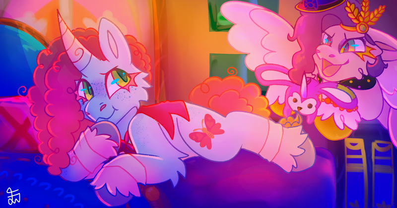 Size: 1680x880 | Tagged: safe, artist:movie95, derpibooru import, pipp petals, bunnycorn, pegasus, pony, rabbit, unicorn, g5, my little pony: make your mark, bed, bowtie, cape, clothes, costume, crystal brighthouse, diadem, female, floppy ears, freckles, hat, horn, image, jewelry, magician outfit, mare, misty brightdawn, misty's comfort bunnycorn, my little pony: make your mark chapter 5, nightmare night costume, nightmare on mane street, open mouth, open smile, pillow, plushie, png, rebirth misty, regalia, scene interpretation, signature, smiling, the great and powerful misty, top hat, unshorn fetlocks, witch costume, witch hat, witch petals