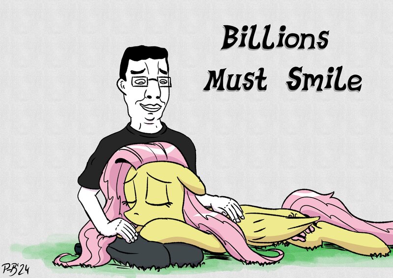 Size: 2923x2067 | Tagged: safe, artist:pony-berserker, derpibooru import, fluttershy, human, pegasus, pony, g4, chud, chudjak, commission, cute, human on pony petting, image, jpeg, meme, meme reference, petting, shyabetes, sleeping, wholesome