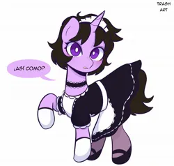 Size: 2048x1950 | Tagged: safe, artist:eltrash_art6, derpibooru import, oc, unofficial characters only, pony, unicorn, apron, blushing, choker, clothes, dress, female, gloves, halloween, holiday, hoof shoes, horn, image, jpeg, maid, maid headdress, mare, nightmare night, question, simple background, socks, solo, spanish, stockings, thigh highs, white background