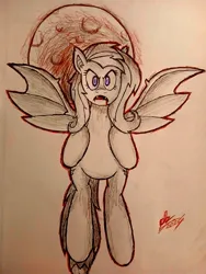 Size: 1536x2048 | Tagged: safe, artist:panoramhusky, derpibooru import, fluttershy, bat pony, g4, bat ponified, bat wings, female, flutterbat, image, jpeg, moon, race swap, solo, traditional art, wings