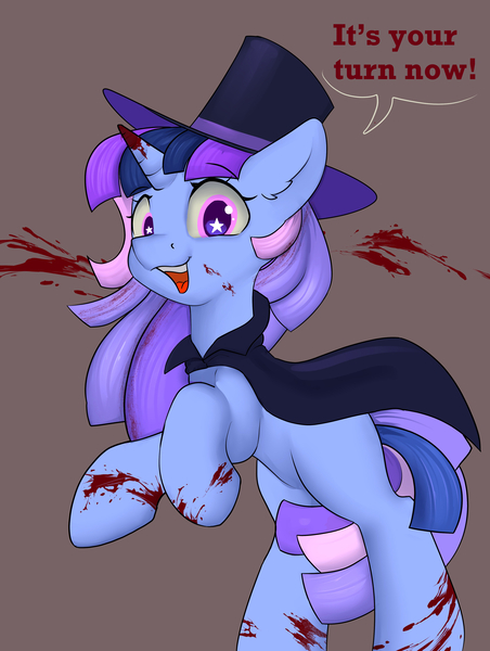 Size: 3330x4421 | Tagged: grimdark, artist:dumbwoofer, derpibooru import, oc, oc:flawless sparklemoon, unofficial characters only, pony, unicorn, blood, blood on face, cloak, clothes, evil grin, female, fusion, fusion:trixie, fusion:twilight sparkle, fusion:twixie, grin, hat, horn, image, jpeg, looking at you, magician outfit, my little pony the movie: the death of twilight sparkle, smiling, solo, starry eyes, top hat, unicorn oc, wingding eyes