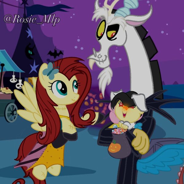 Size: 1280x1280 | Tagged: safe, artist:rosie_mlp, derpibooru import, editor:daughteroffluttercord, discord, fluttershy, hybrid, pony, clothes, discoshy, female, holding a baby, holding a pony, image, interspecies offspring, jack skellington, jpeg, male, mask, offspring, parent:discord, parent:fluttershy, parents:discoshy, shipping, straight, suit, the nightmare before christmas