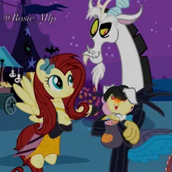 Size: 1280x1280 | Tagged: safe, artist:rosie_mlp, derpibooru import, editor:daughteroffluttercord, discord, fluttershy, hybrid, pony, clothes, discoshy, female, holding a baby, holding a pony, image, interspecies offspring, jack skellington, jpeg, male, mask, offspring, parent:discord, parent:fluttershy, parents:discoshy, shipping, straight, suit, the nightmare before christmas