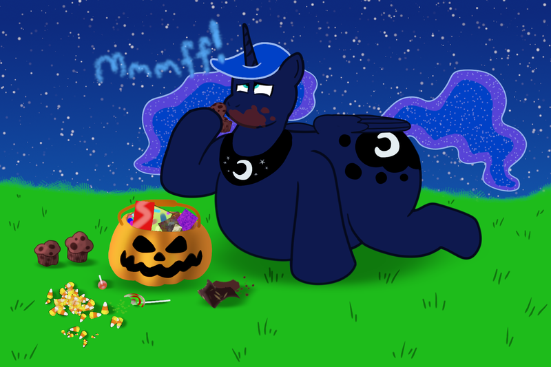 Size: 1800x1200 | Tagged: questionable, derpibooru import, princess luna, candy, chocolate, cross-eyed, eating, fat, female, food, gluttony, image, lying down, messy eating, muffin, muffled moaning, night, nightmare night, obese, peytral, png, prone, solo, stars, strong fat