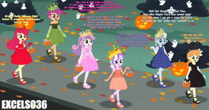 Size: 1568x827 | Tagged: safe, artist:excelso36, derpibooru import, apple bloom, diamond tiara, megan williams, scootaloo, sweetie belle, human, equestria girls, g1, g4, clothes, costume, halloween, halloween costume, holiday, image, jpeg