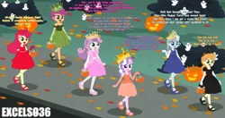 Size: 1568x827 | Tagged: safe, artist:excelso36, derpibooru import, apple bloom, diamond tiara, megan williams, scootaloo, sweetie belle, ghost, human, undead, equestria girls, g1, g4, black dress, black nail polish, blue dress, blue nail polish, bow, bracelet, braid, bush, candy, children, clothes, costume, crown, decoration, dress, drop shadow, eyebrows visible through hair, fall leaves, food, glasses, gloves, green dress, green nail polish, hair tie, halloween, halloween costume, happy, heeled shoes, holiday, image, jack-o-lantern, jewelry, jpeg, leaves, lipstick, long gloves, makeup, nail polish, orange dress, orange nail polish, outdoors, pink dress, pink nail polish, pumpkin, pumpkin bucket, red dress, red nail polish, regalia, sandals, sidewalk, signature, smiling, talking, toenail polish, toenails, walking