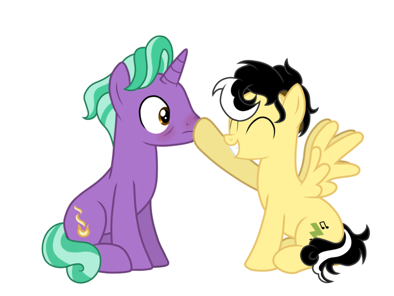 Size: 4134x3100 | Tagged: safe, artist:alicesponycorner, derpibooru import, firelight, oc, oc:alice azalea, pegasus, pony, unicorn, g4, age difference, blushing, boop, canon x oc, horn, image, nose wrinkle, noseboop, png, selfshipping, ship, ship:filice