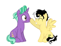 Size: 4134x3100 | Tagged: safe, artist:alicesponycorner, derpibooru import, firelight, oc, oc:alice azalea, pegasus, pony, unicorn, g4, age difference, blushing, boop, canon x oc, horn, image, nose wrinkle, noseboop, png, selfshipping, ship