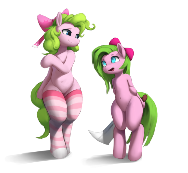 Size: 2000x1844 | Tagged: safe, artist:stardep, oc, oc:candy mena, unofficial characters only, earth pony, pony, age progression, bipedal, blade, bow, clothes, earth pony oc, female, hair bow, image, looking at each other, mare, png, simple background, socks, striped socks, tail, transparent background, weapon