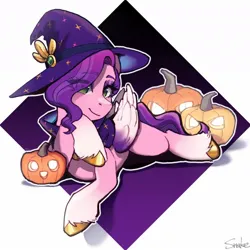 Size: 1200x1200 | Tagged: safe, artist:xiaowu07, derpibooru import, pipp petals, pegasus, pony, g5, clothes, costume, female, halloween, hat, holiday, image, jpeg, mare, nightmare night costume, pumpkin, solo, witch costume, witch hat, witch petals